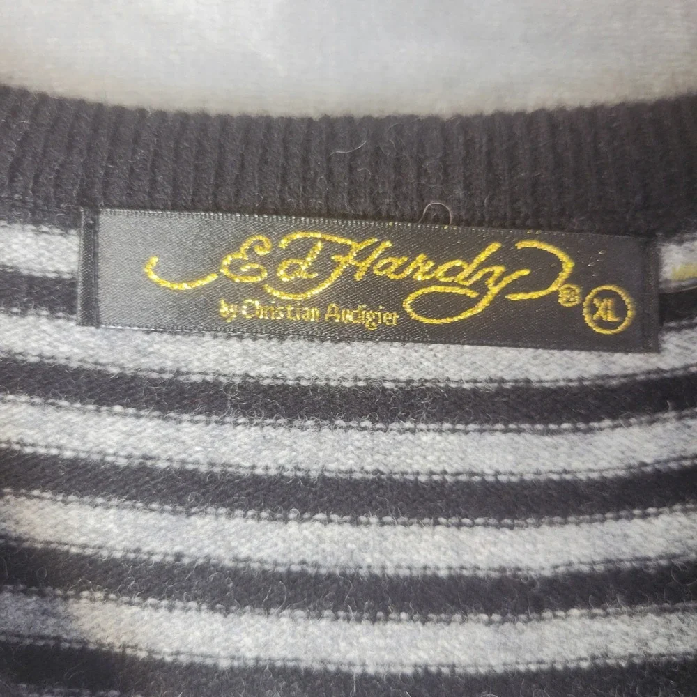 Ed Hardy Christian Audigier Mens XL V-Neck Striped Wool Blend Sweater Grey Blue